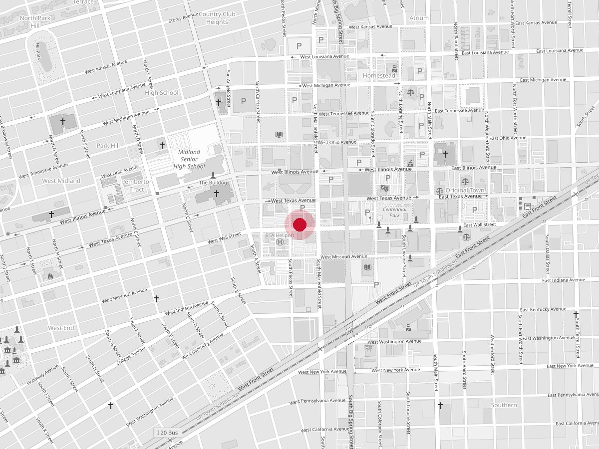 Map of downtown Midland, Texas, with the office marked on W. Wall Street