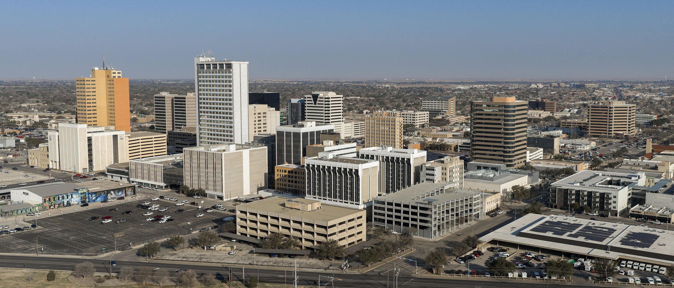 Downtown Midland, Texas, seen from above, showing the tower cluster around the firm’s Wall Street office.